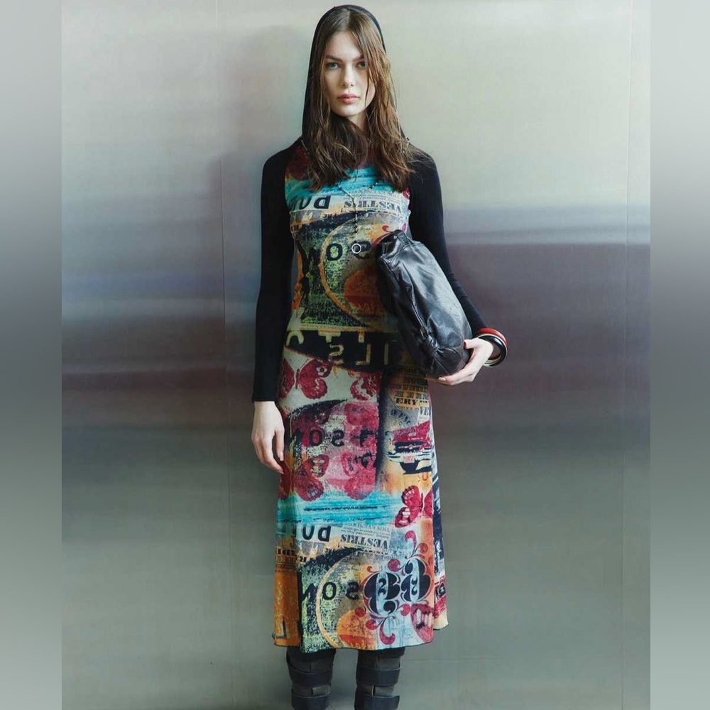 Vintage Y2K “Cache Cache” Hooded Maxi Mesh Dress with Graphic Print